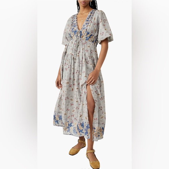 Free People Dresses & Skirts - Free People Light Gray Floral Maxi Dress with Blue Border